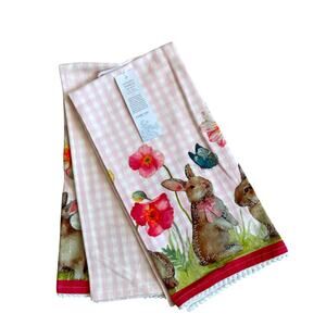 (3) Shabby Chic Spring Floral Bunny Rabbit Kitchen Towels Pink White Gingham NEW